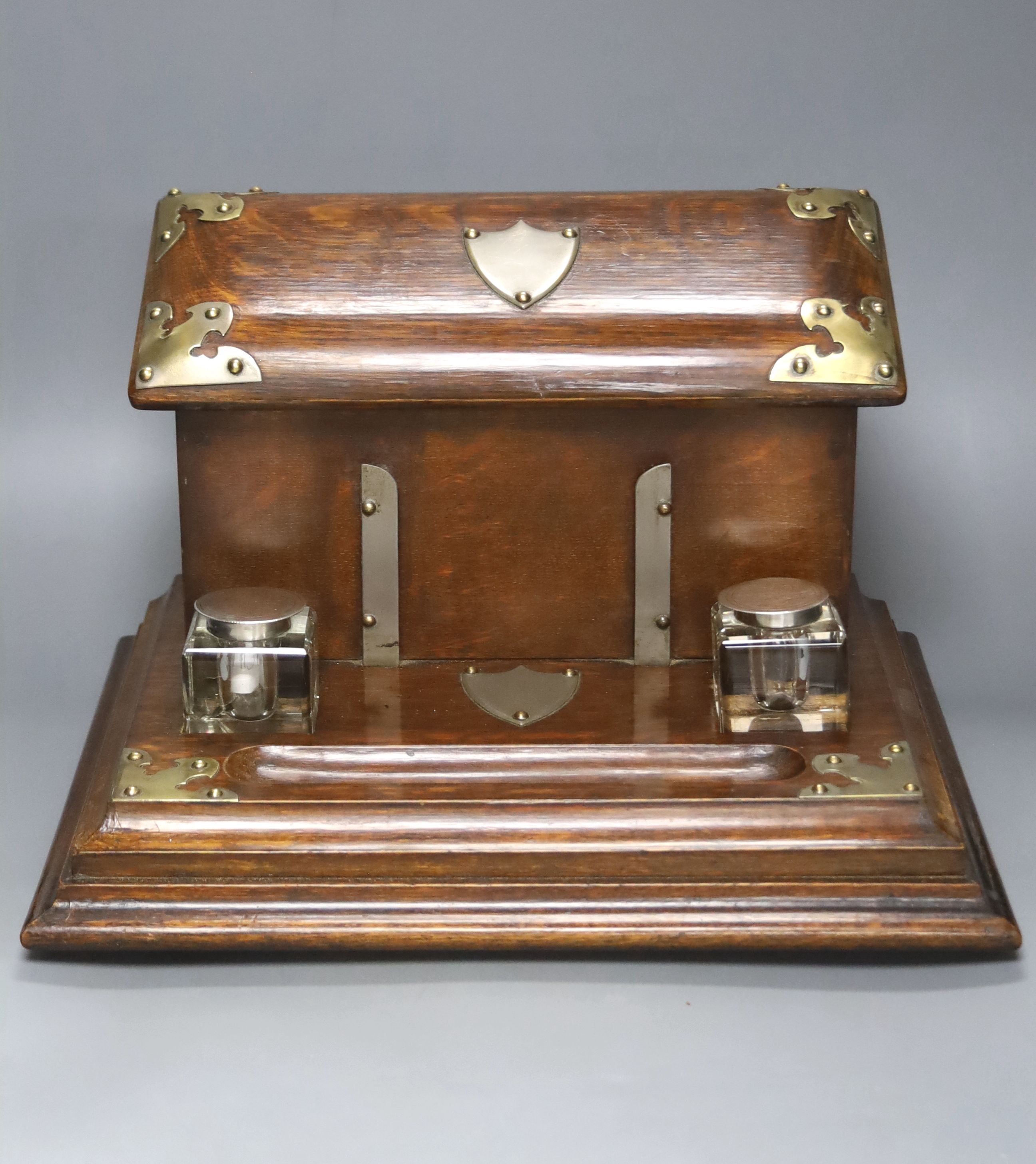 A Victorian brass bound oak combination stationary box / inkstand, width 36cm